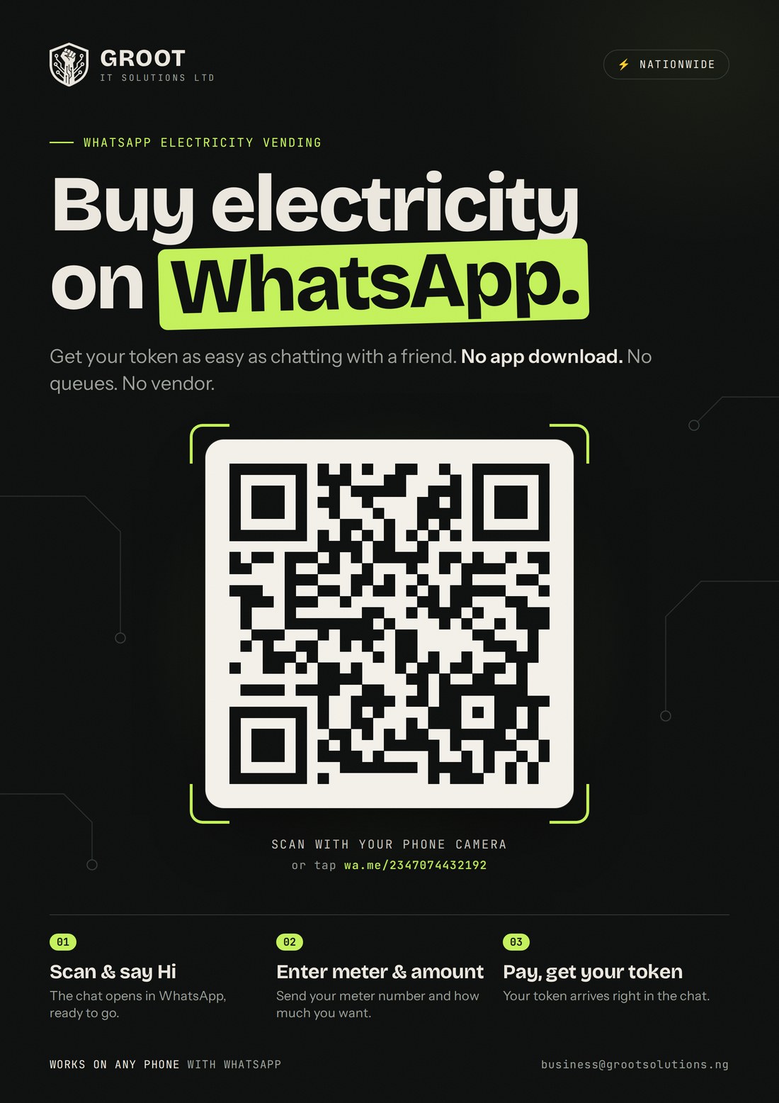 Buy electricity on WhatsApp: scan the QR code to open the Groot vending chat, say Hi, enter your meter number and amount, pay, and get your token in the chat